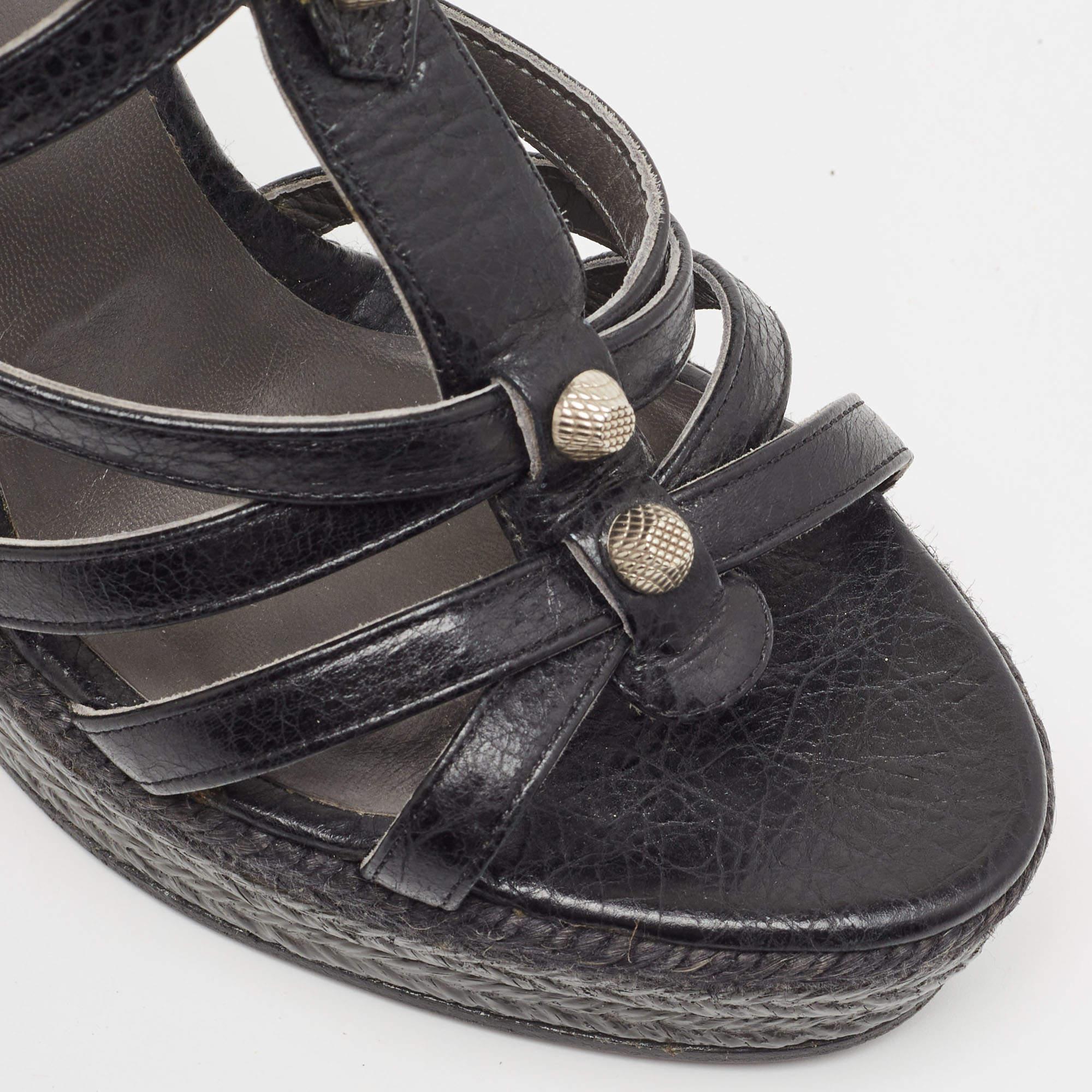 Balenciaga Black Leather Arena Wedge Espadrille Ankle Strap Sandals Size 40 For Sale 1