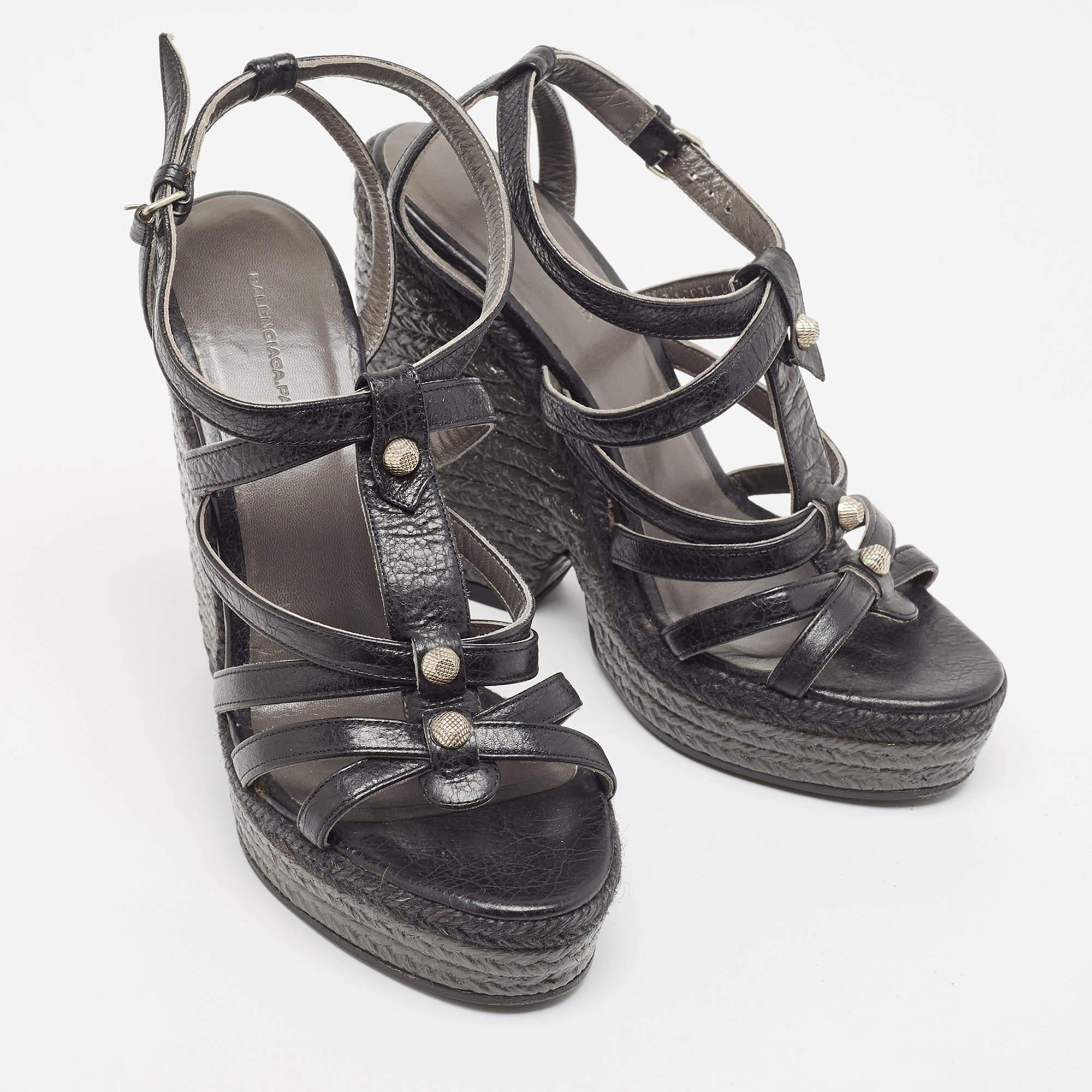 Balenciaga Black Leather Arena Wedge Espadrille Ankle Strap Sandals Size 40 For Sale 2
