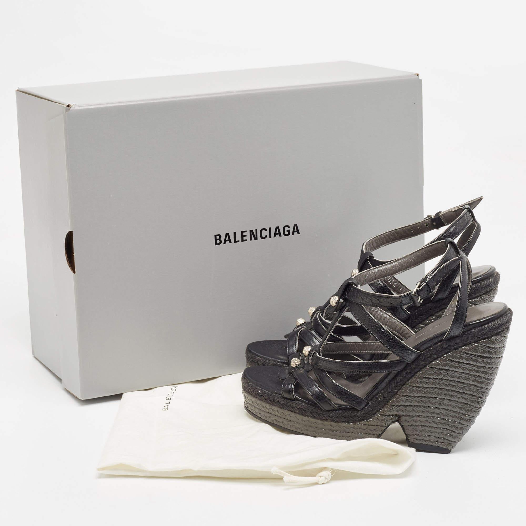 Balenciaga Black Leather Arena Wedge Espadrille Ankle Strap Sandals Size 40 For Sale 5
