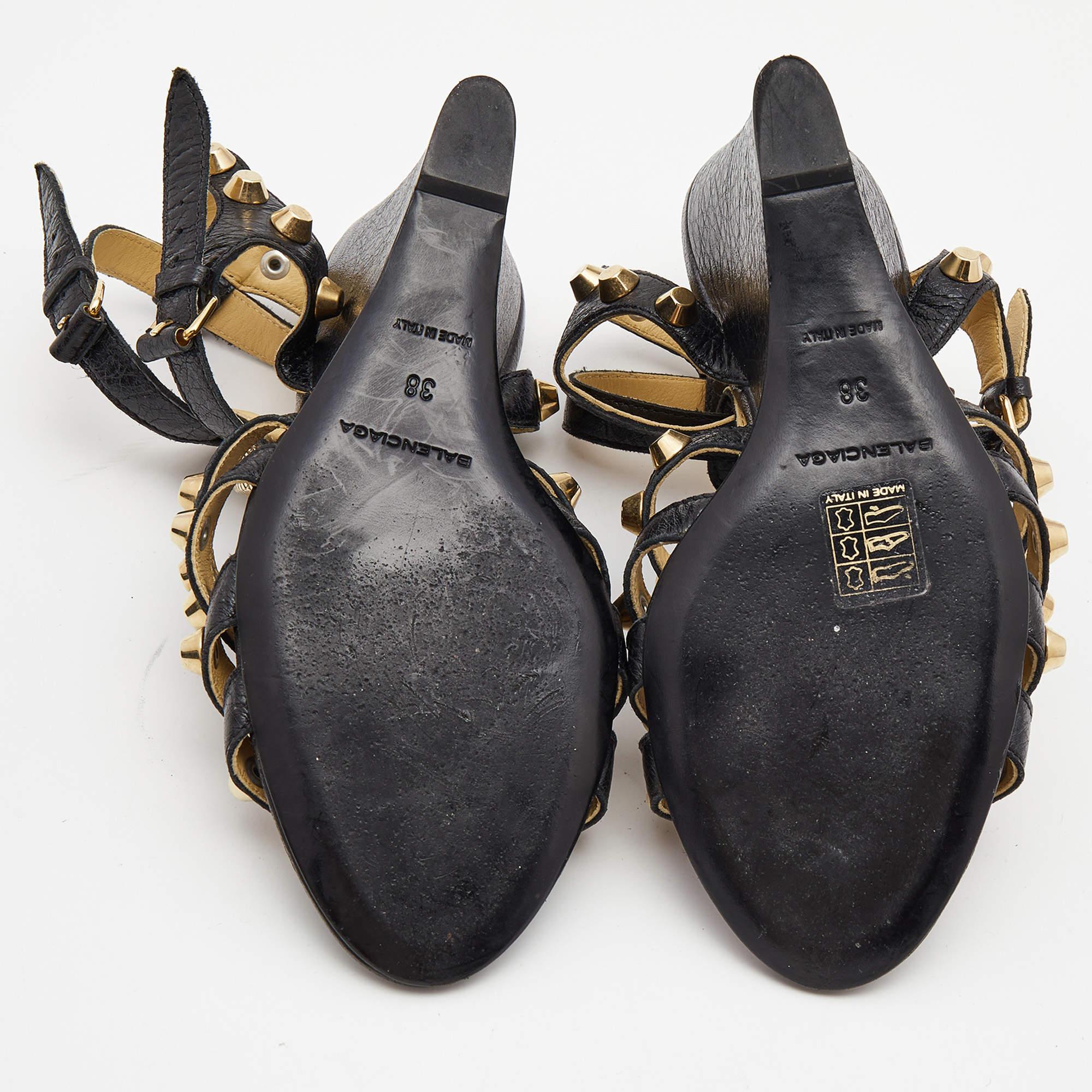 Balenciaga Black Leather Arena Wedge Sandals Size 38 3