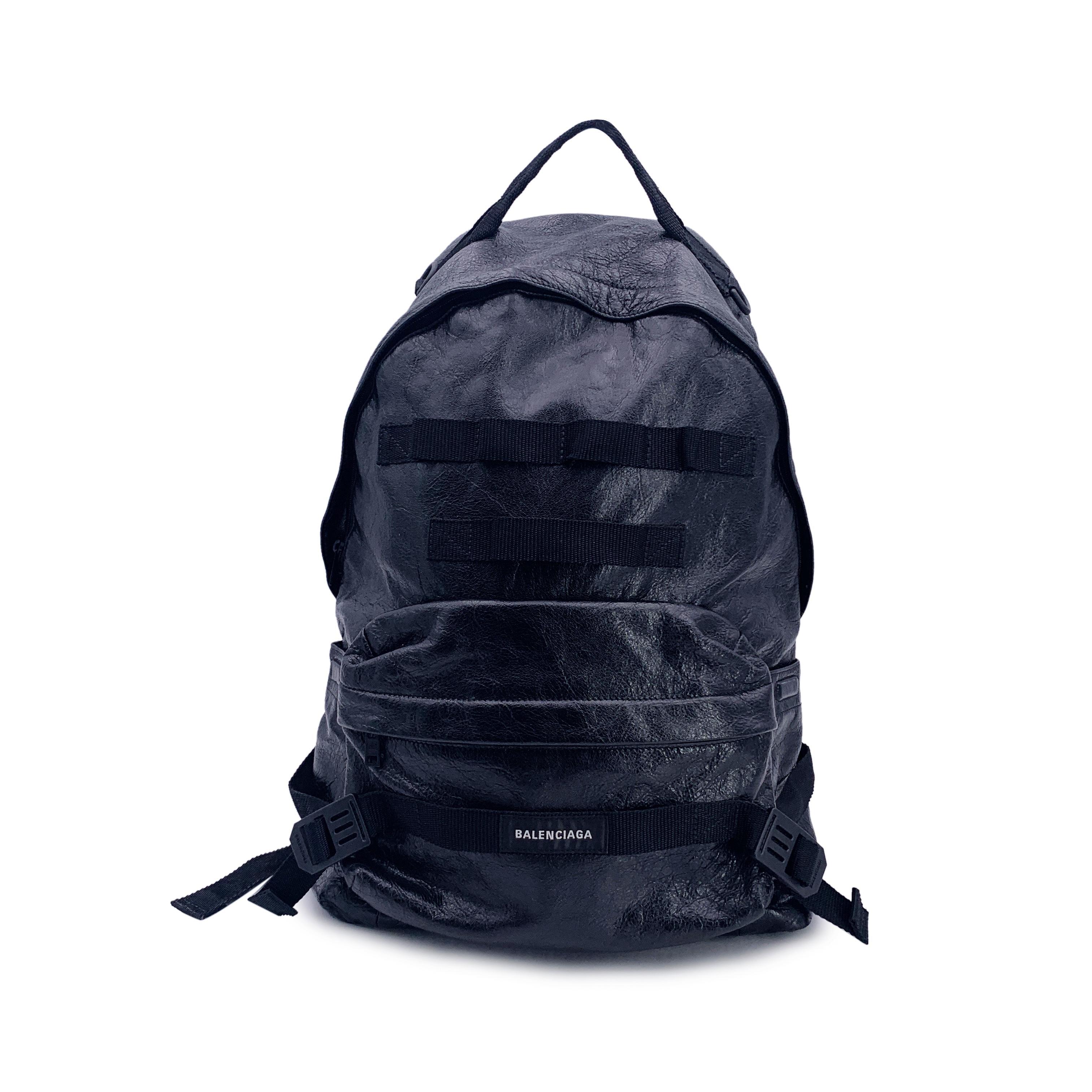 Balenciaga Black Leather Army Military Web Trim Backpack Bag For Sale
