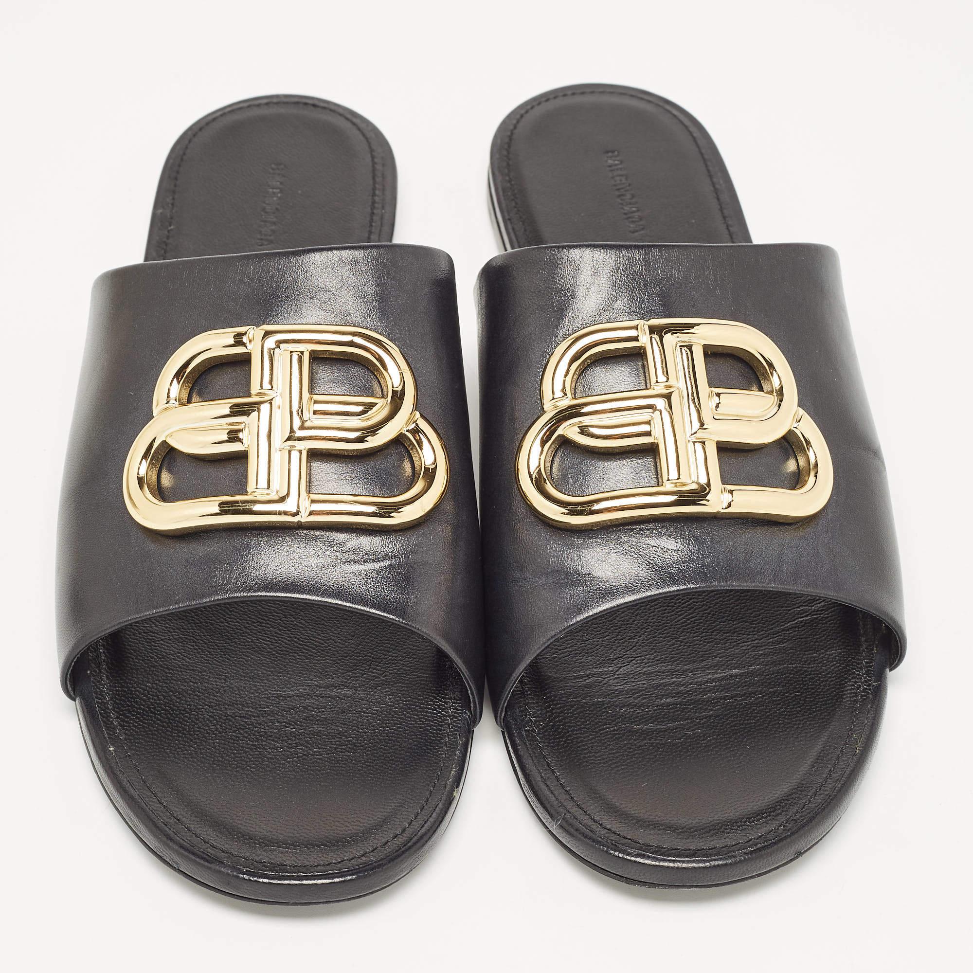 Women's Balenciaga Black Leather BB Logo Embellished Flat Slides Size 38.5