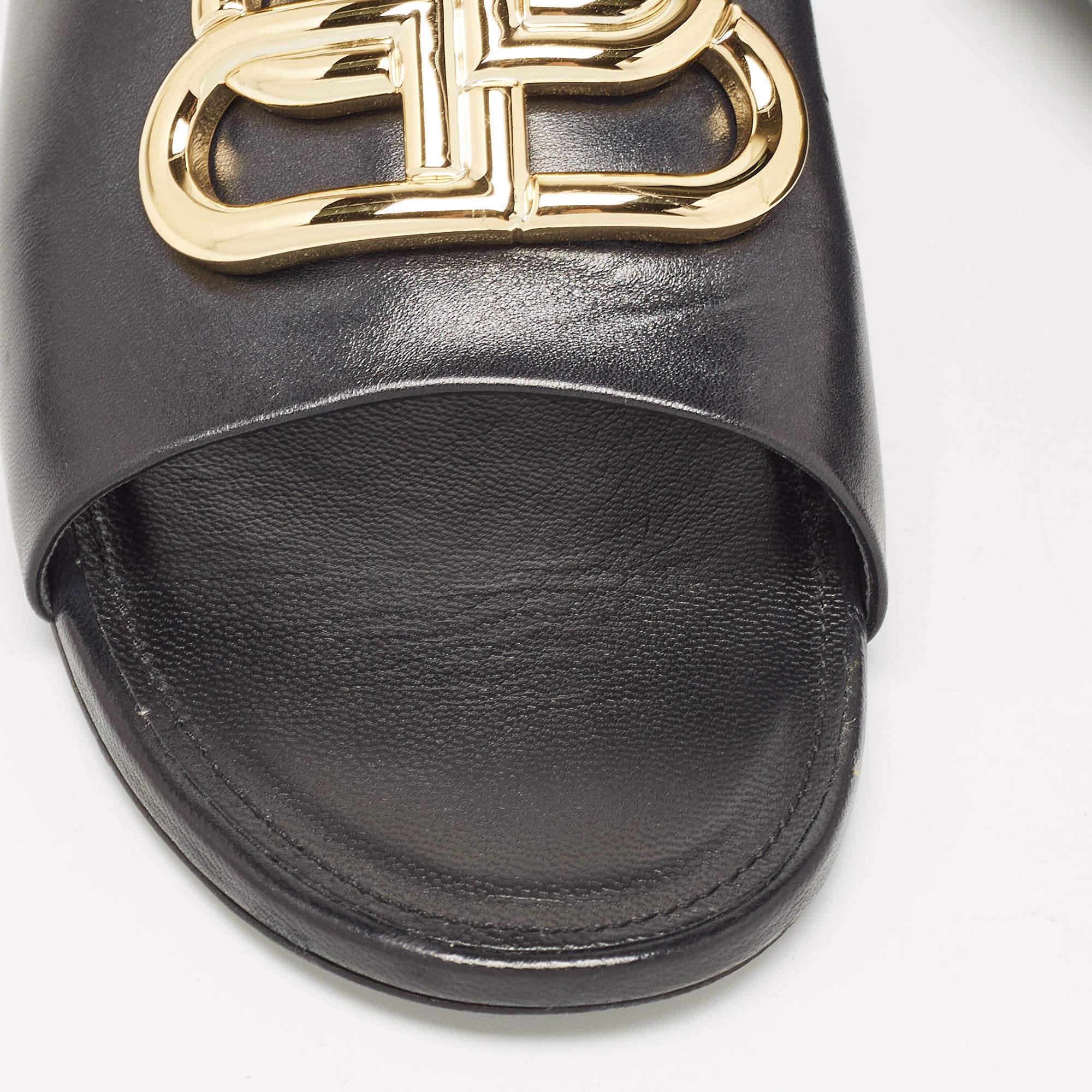 Balenciaga Black Leather BB Logo Embellished Flat Slides Size 38.5 4