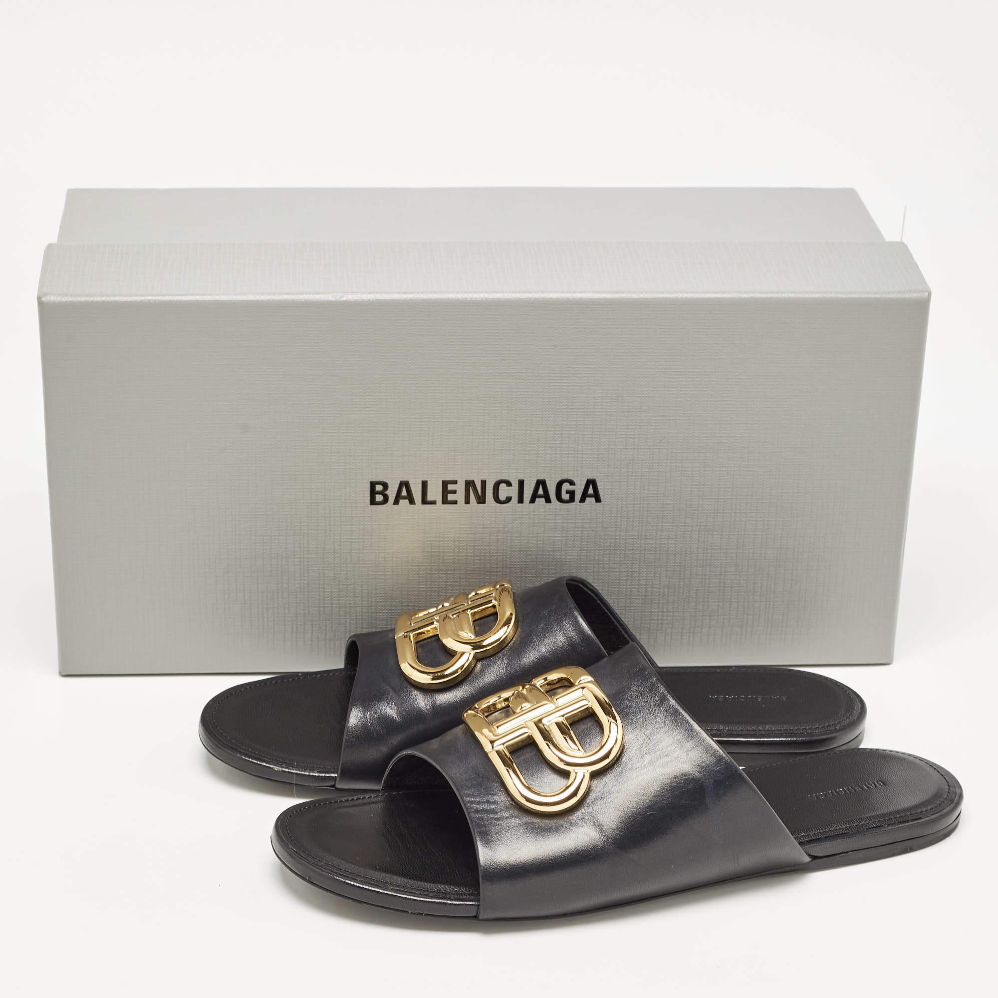 Balenciaga Black Leather BB Logo Embellished Flat Slides Size 38.5 5