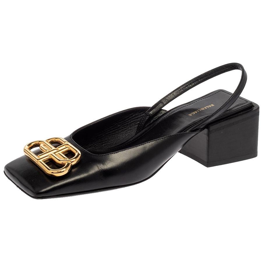 Balenciaga Black Leather Logo Square Toe Slingback Sandals Size 35.5 at 1stDibs