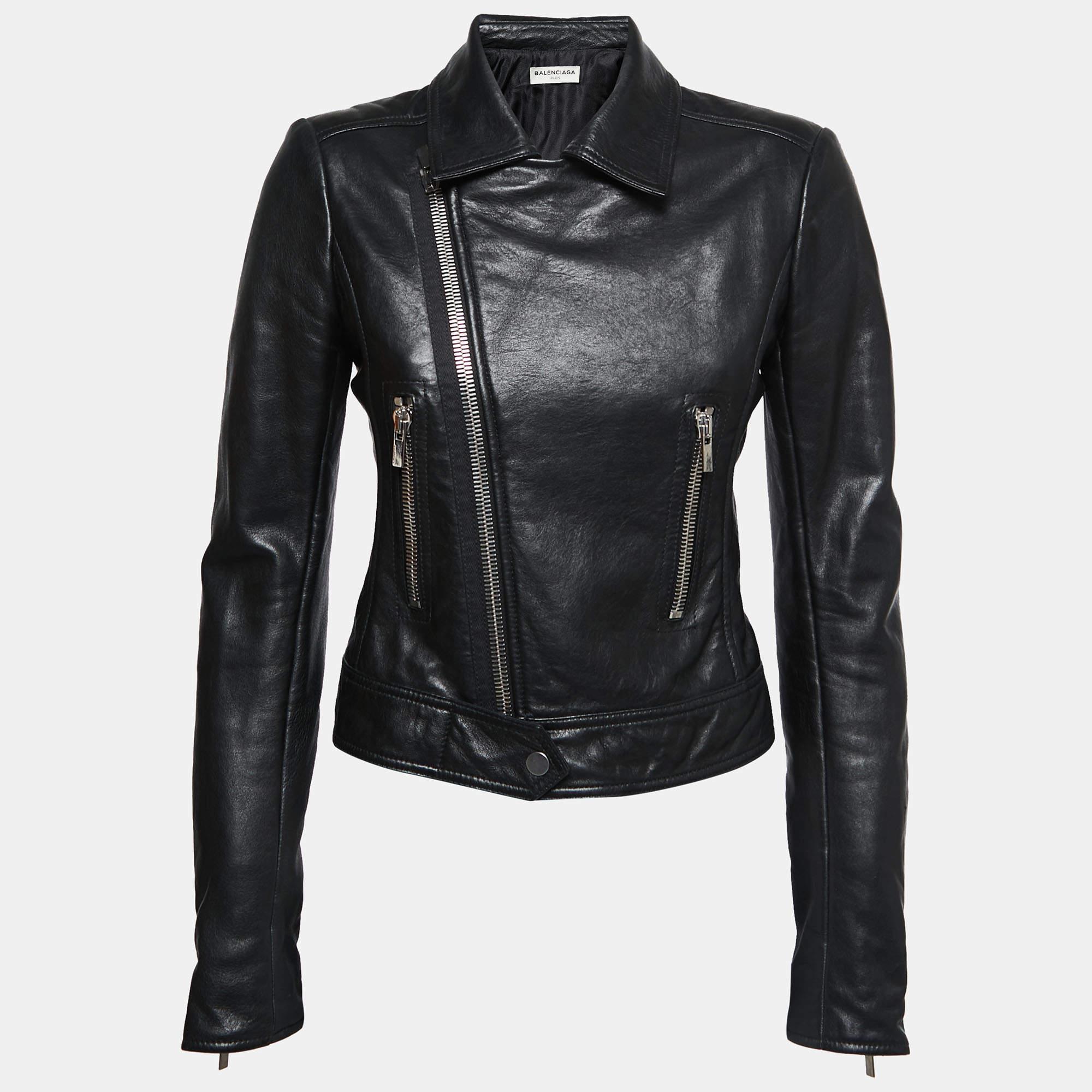 Balenciaga Black Leather Biker Jacket M In Good Condition In Dubai, Al Qouz 2