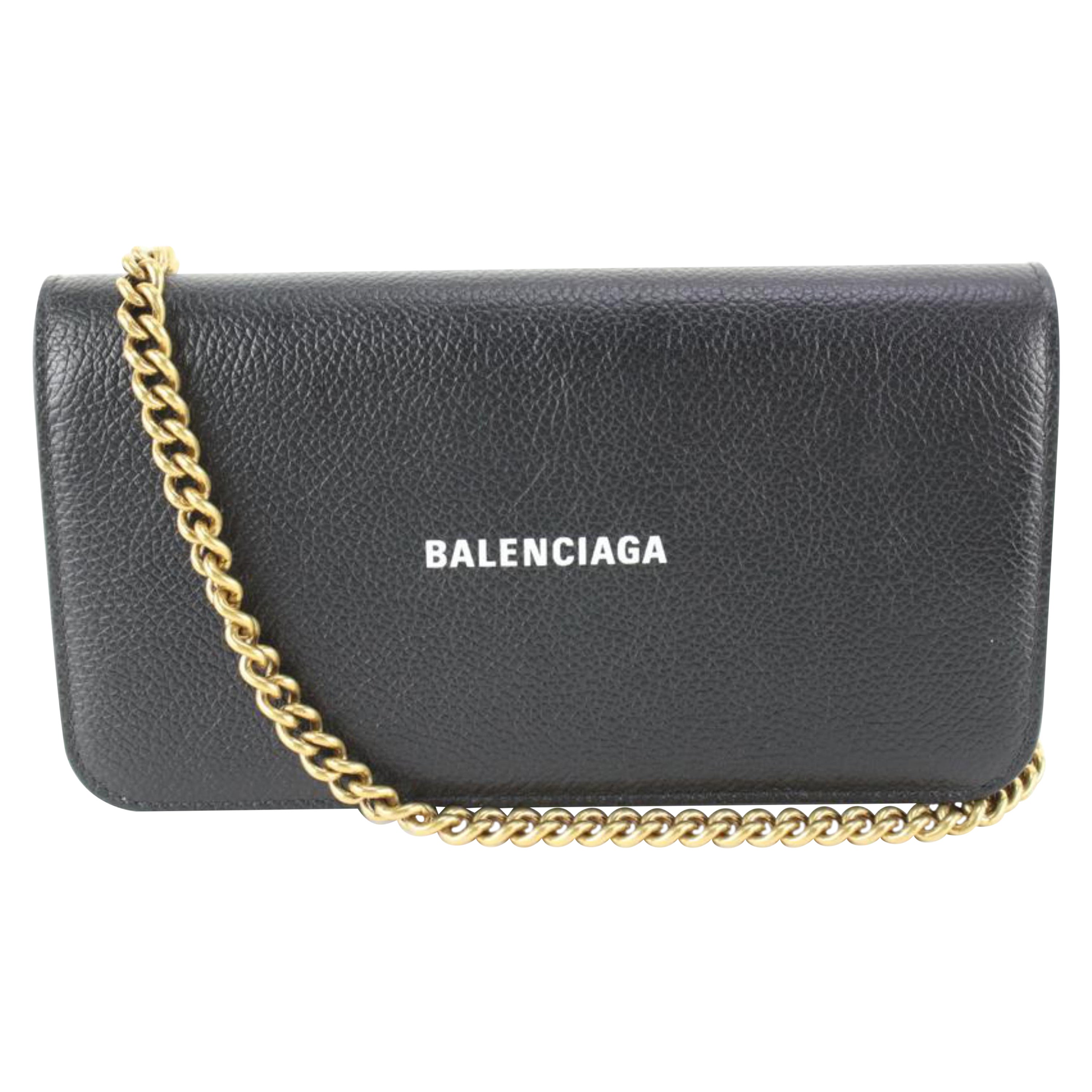 Balenciaga Black Leather Classic Logo Wallet on Chain Gold Chain 47bal624s