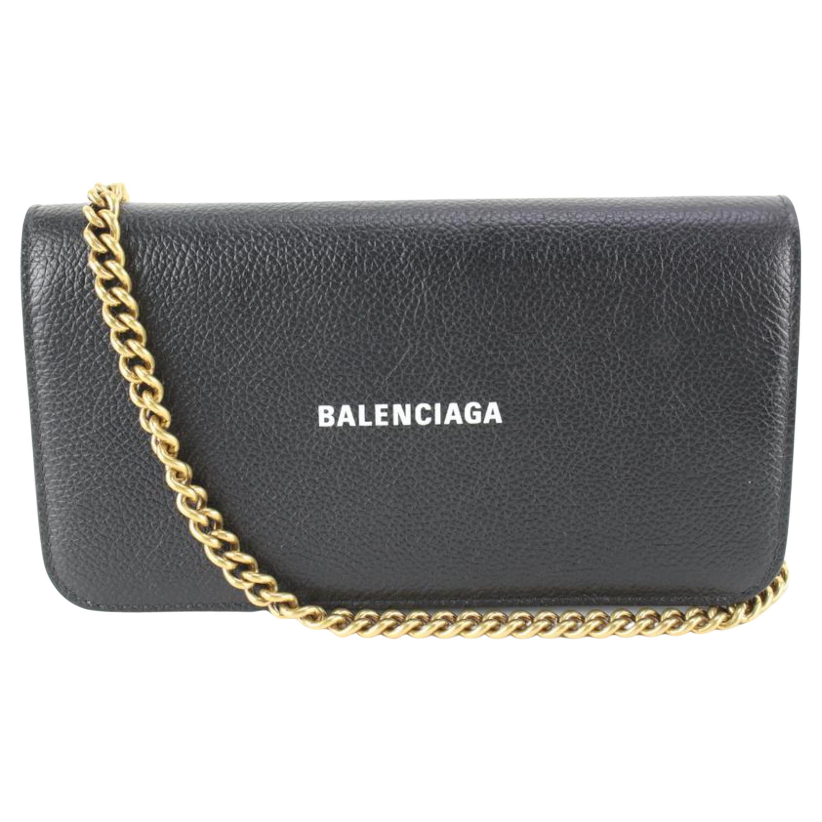 Balenciaga Schwarzes Leder Klassisches Logo Brieftasche an Kette Goldkette 48ba624s