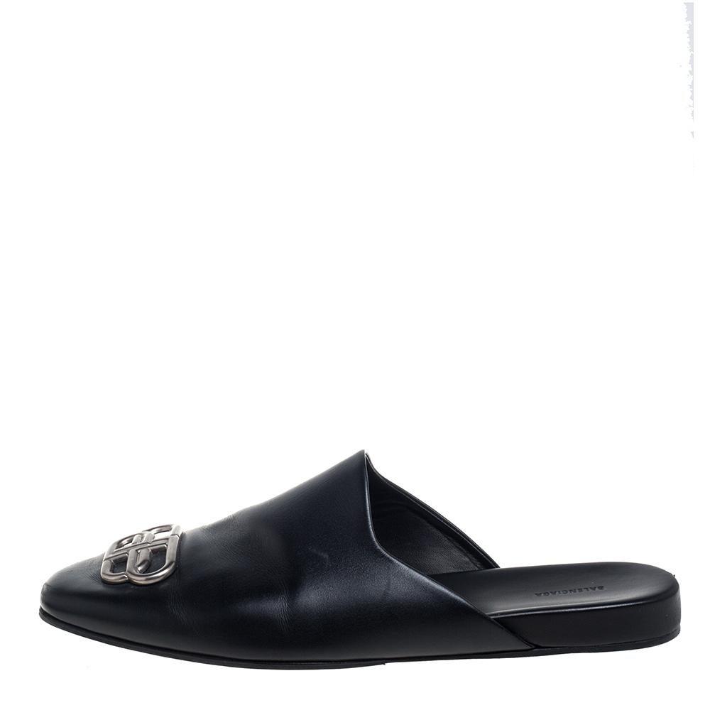 Balenciaga Black Leather Cosy BB Logo Embellished Mule Sandals Size 43 1