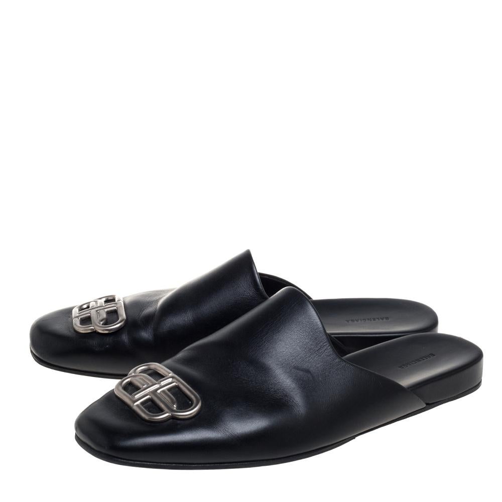 Balenciaga Black Leather Cosy BB Logo Embellished Mule Sandals Size 43 3