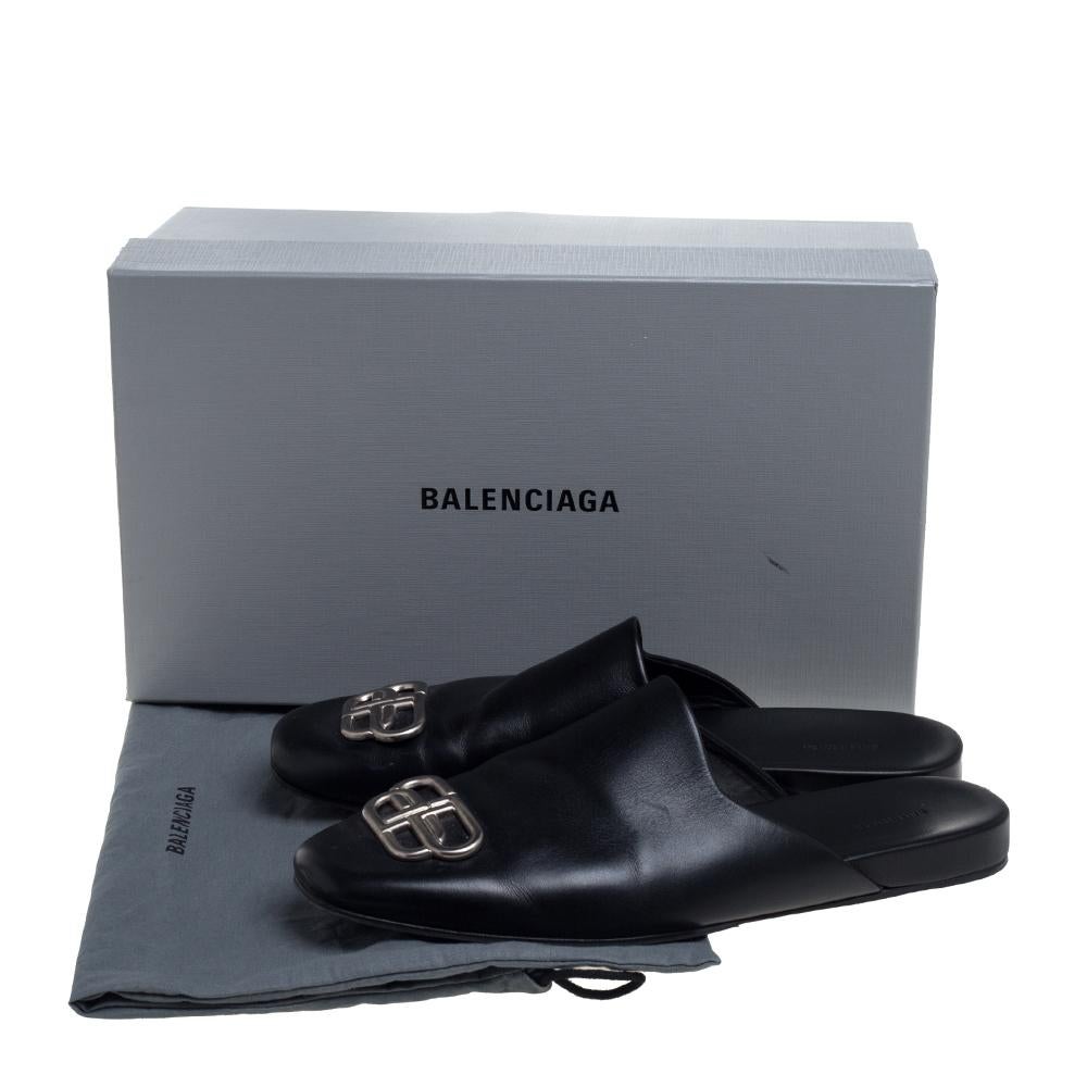 Balenciaga Black Leather Cosy BB Logo Embellished Mule Sandals Size 43 4