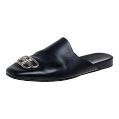 Balenciaga Black Leather Cosy BB Logo Embellished Mule Sandals Size 43