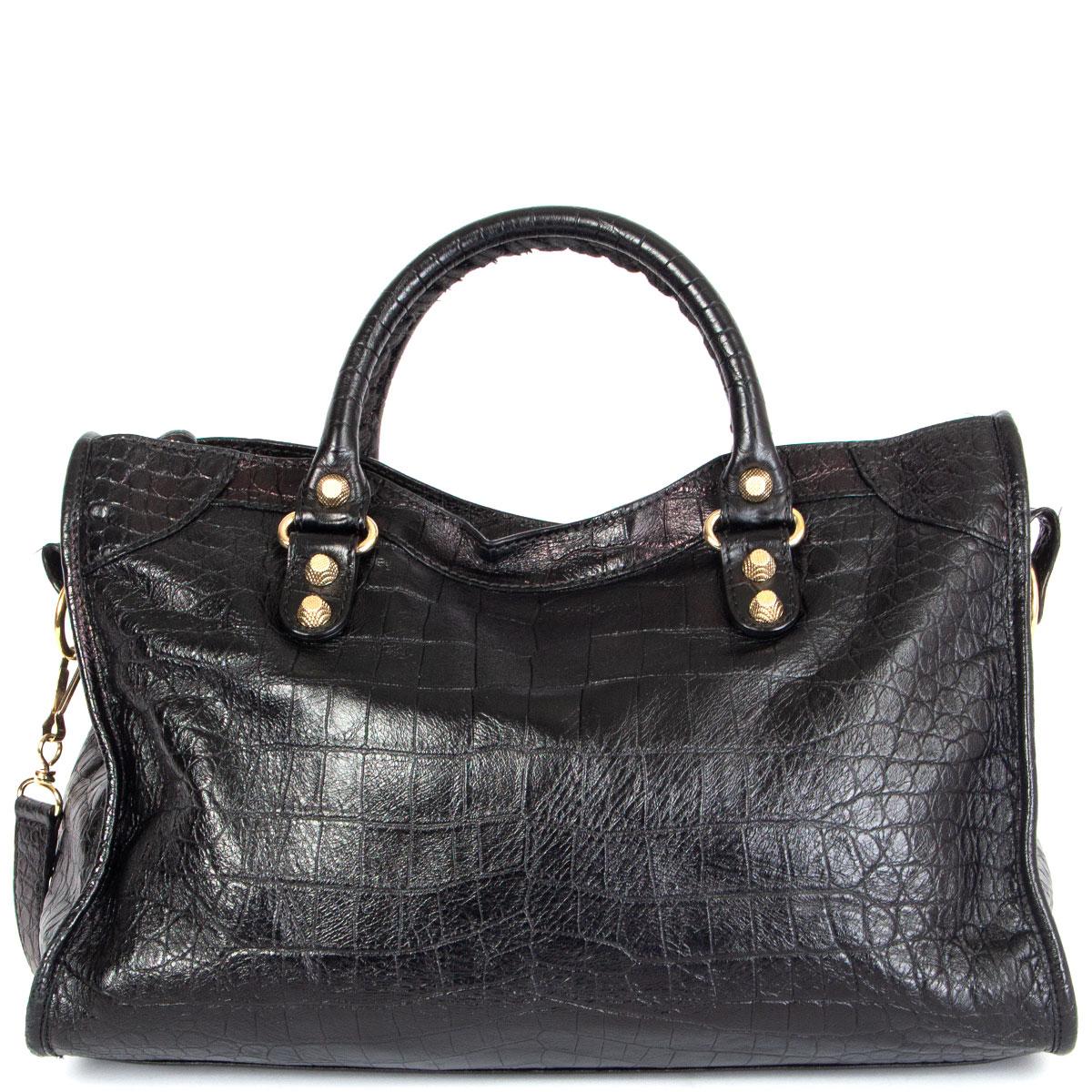 BALENCIAGA schwarzes Leder CROCO GIANT 12 CITY MEDIUM Umhängetasche (Schwarz)