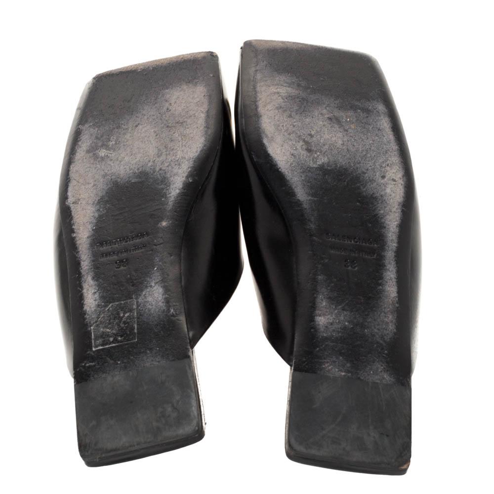 Women's Balenciaga Black Leather Double Square BB Flat Mules Size 38
