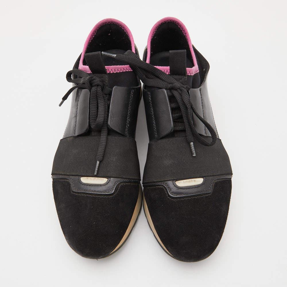 Women's Balenciaga Black Leather, Fabric and Suede Race Runner Sneakers Size 38 For Sale