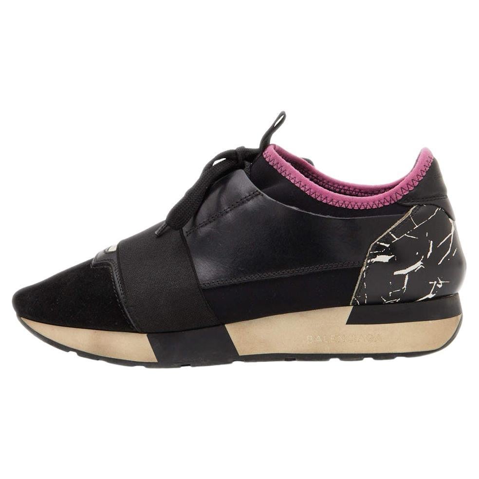 Balenciaga Black Leather, Fabric and Suede Race Runner Sneakers Size 38 For Sale