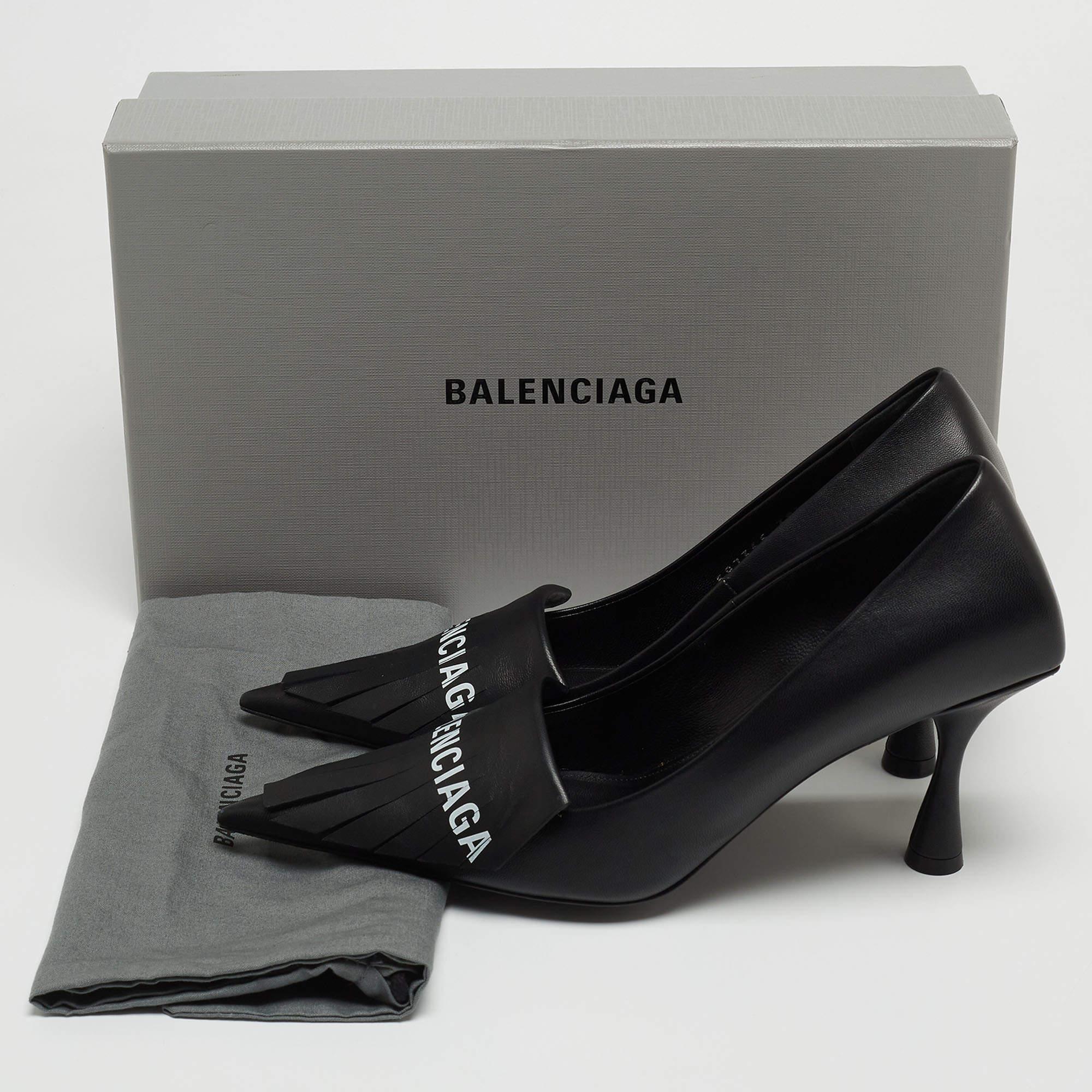 Balenciaga Black Leather Knife Fringe Detail Pointed Toe Pumps Size 38.5 4