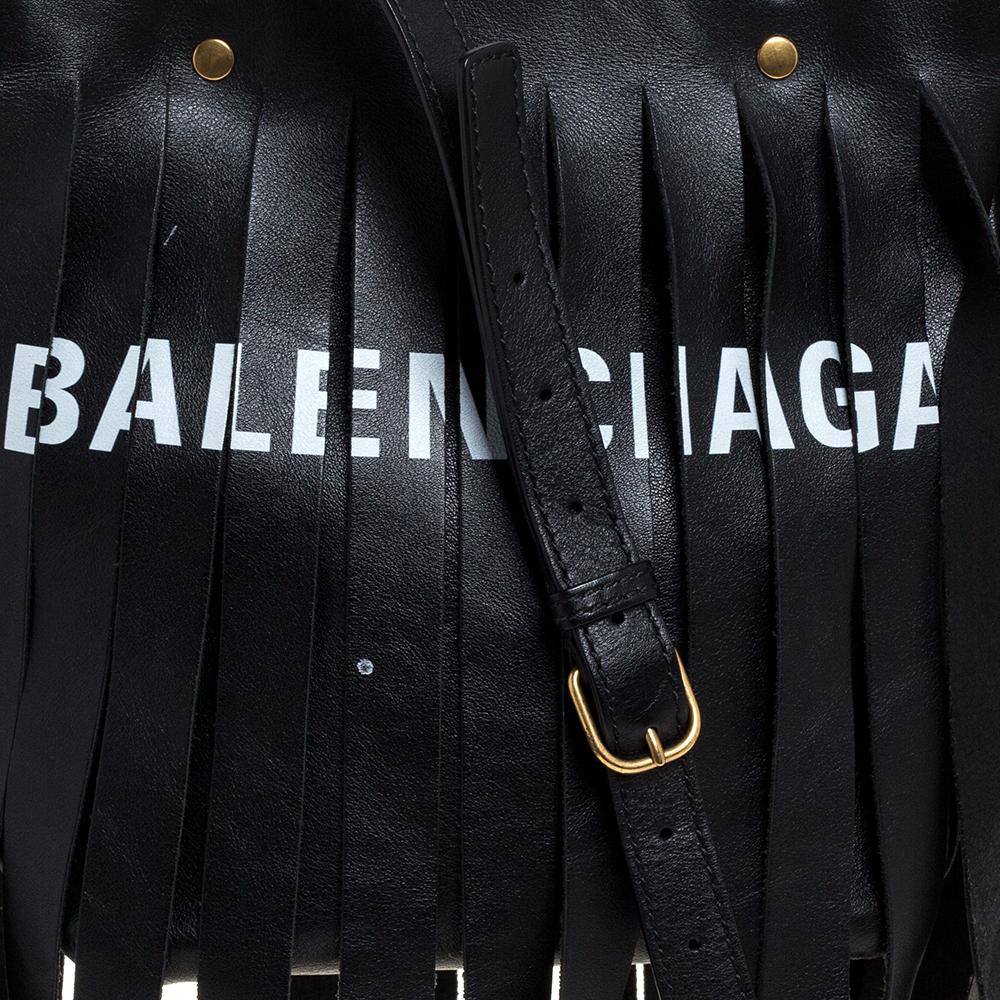 Women's Balenciaga Black Leather Laundry Cabas Fringe XS Tote