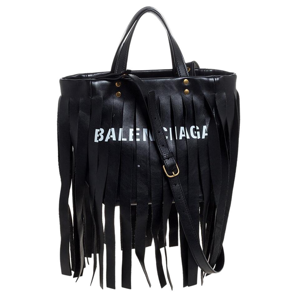 Balenciaga Black Leather Laundry Cabas Fringe XS Tote