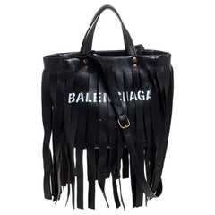 Balenciaga Black Leather Laundry Cabas Fringe XS Tote