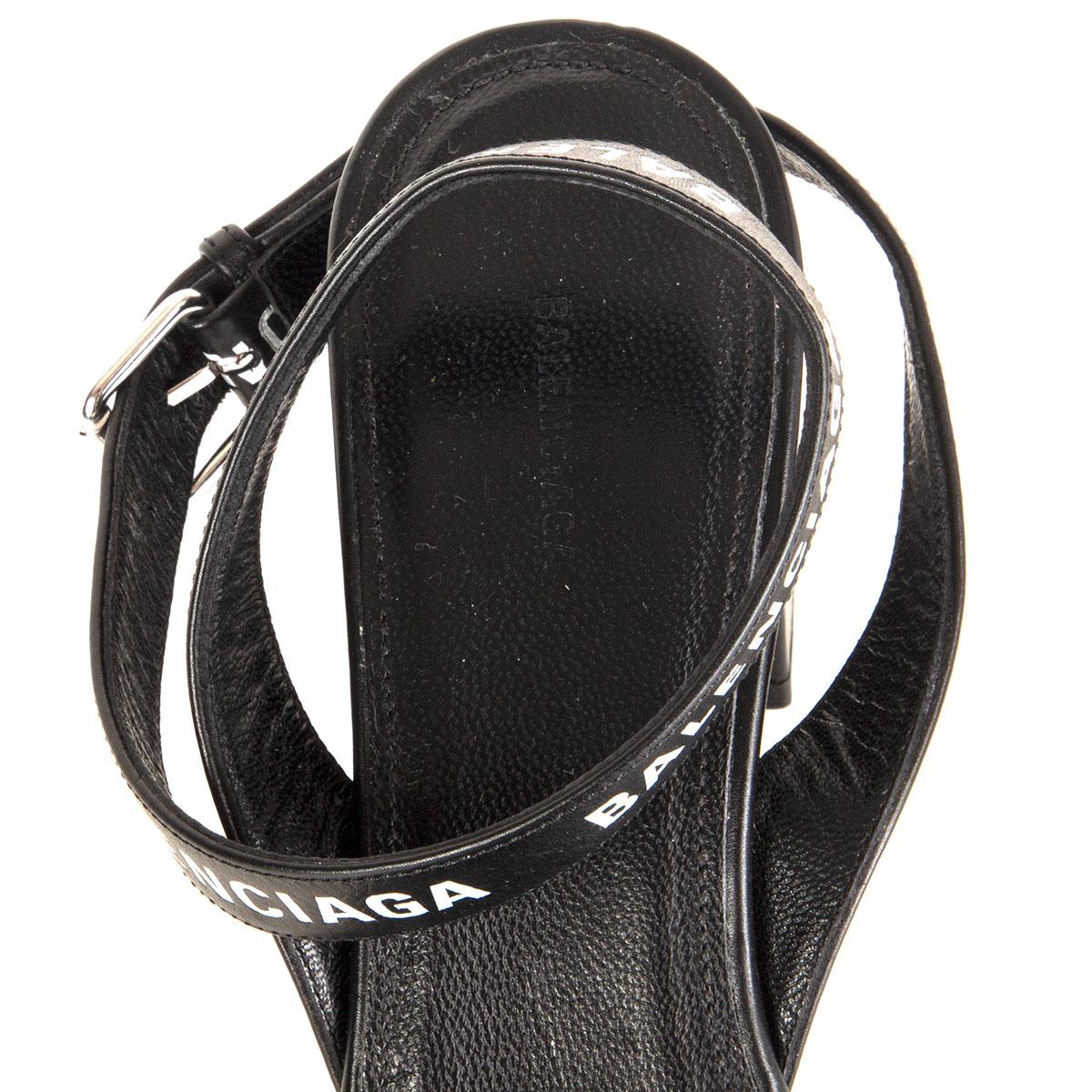 Black BALENCIAGA black leather LOGO BLOCK HEEL Sandals Shoes 36.5