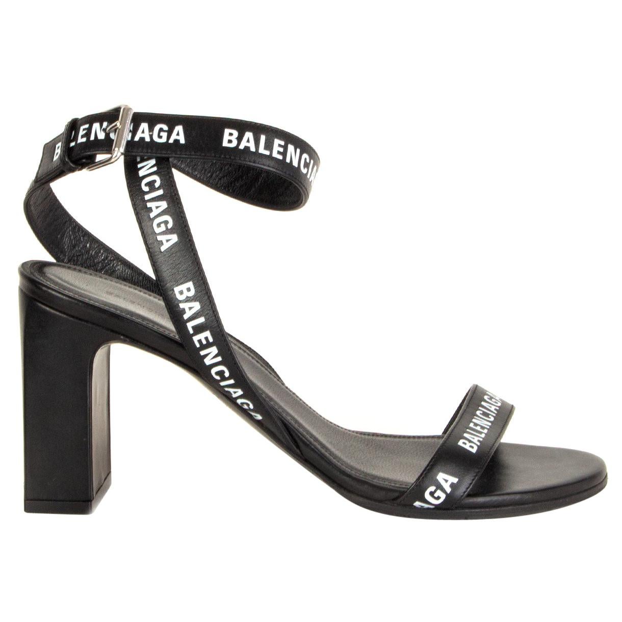 BALENCIAGA black leather LOGO BLOCK HEEL Sandals Shoes 36.5