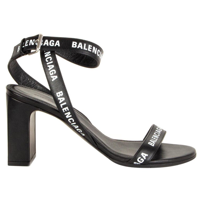 BALENCIAGA black leather LOGO BLOCK HEEL Sandals Shoes 36.5 at 1stDibs