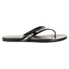 BALENCIAGA black leather LOGO Flat Thong Sandals Shoes 37