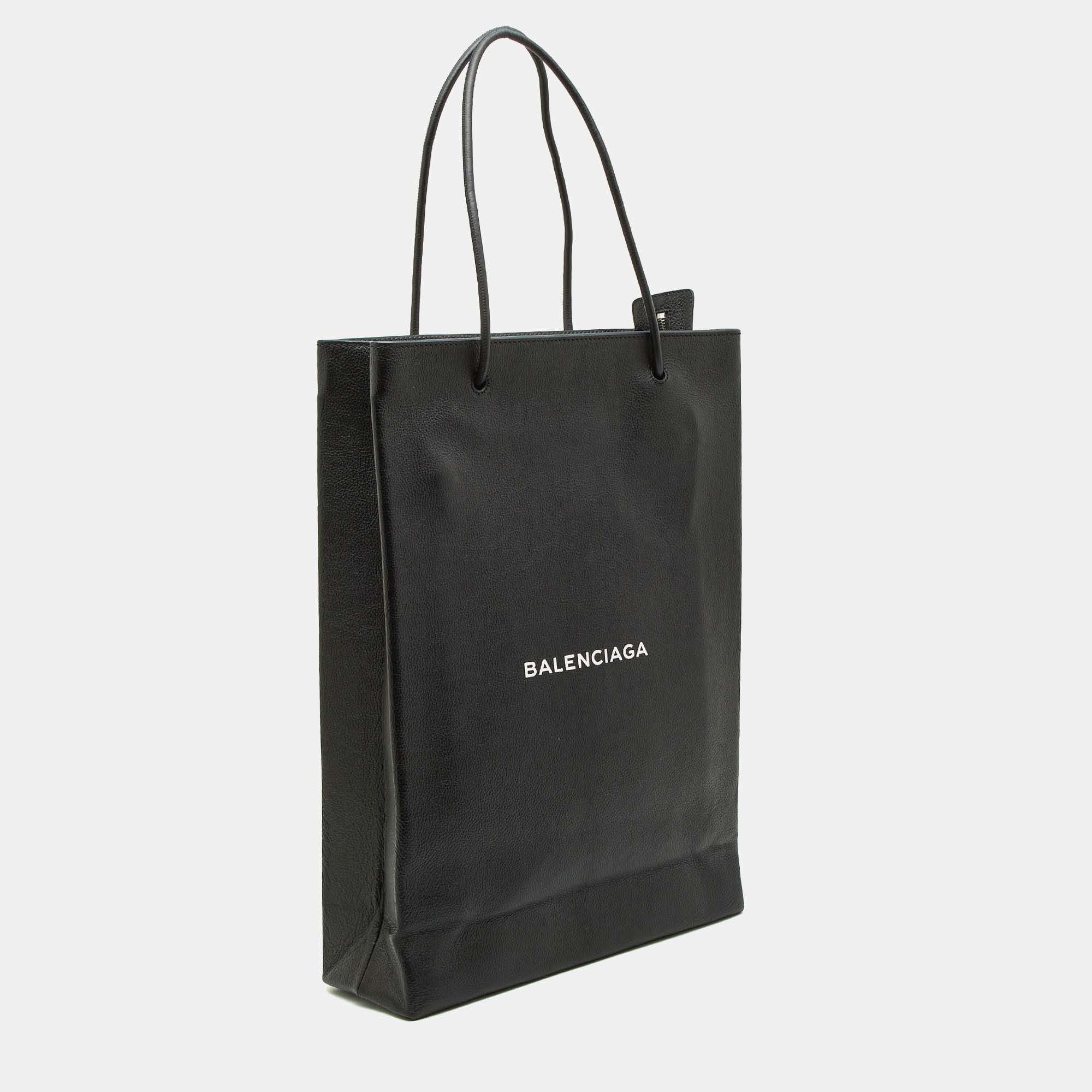 Women's Balenciaga Black Leather Logo Print North South Shopper Tote For Sale