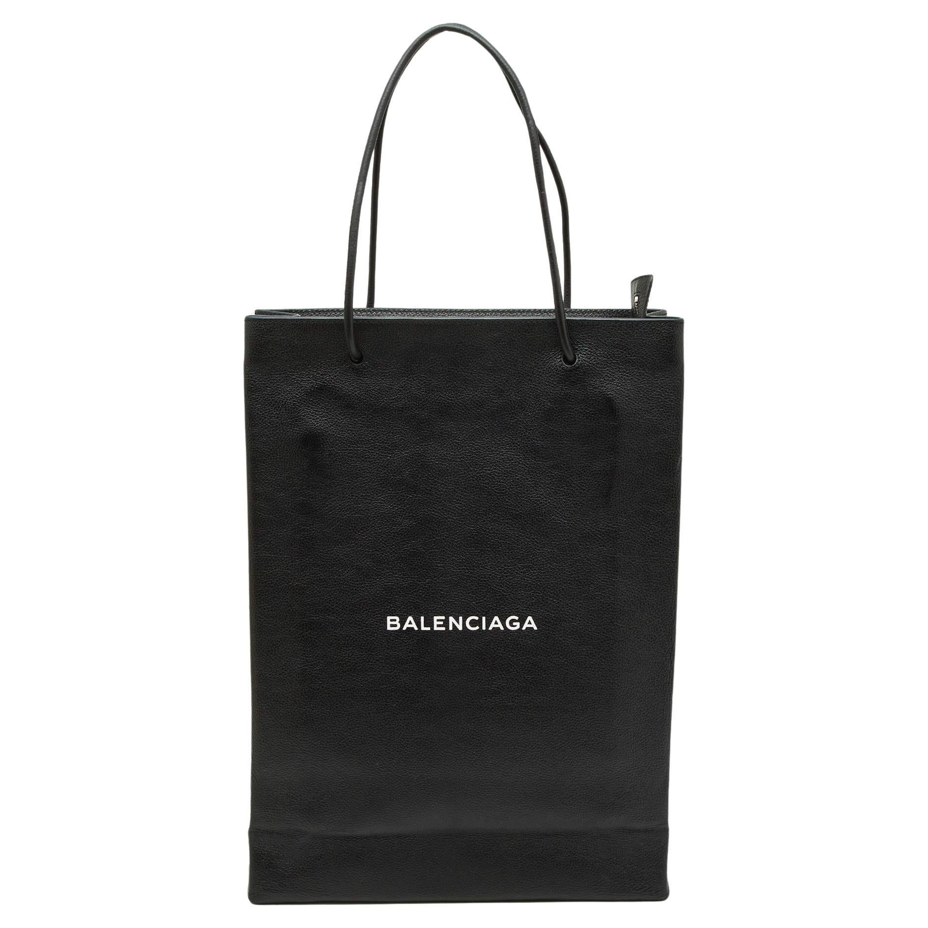 Balenciaga Black Leather Logo Print North South Shopper Tote For Sale