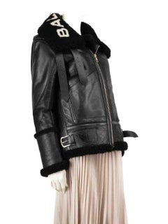 Balenciaga Black Leather Logo Shearling Jacket Size S