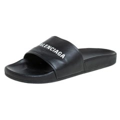 Balenciaga Black Leather Logo Slide Sandals Size 42