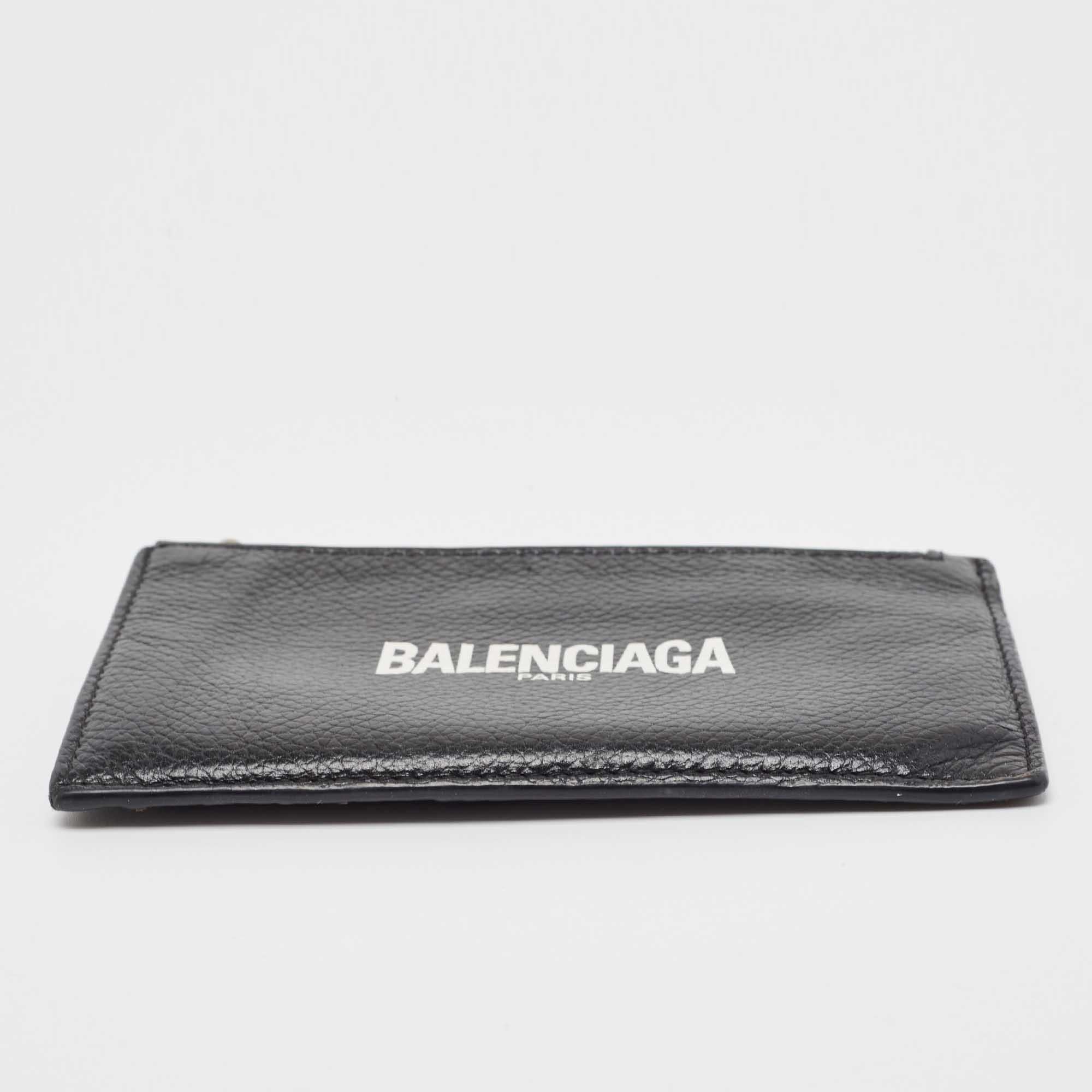 Women's Balenciaga Black Leather Logo Zip Card Holder