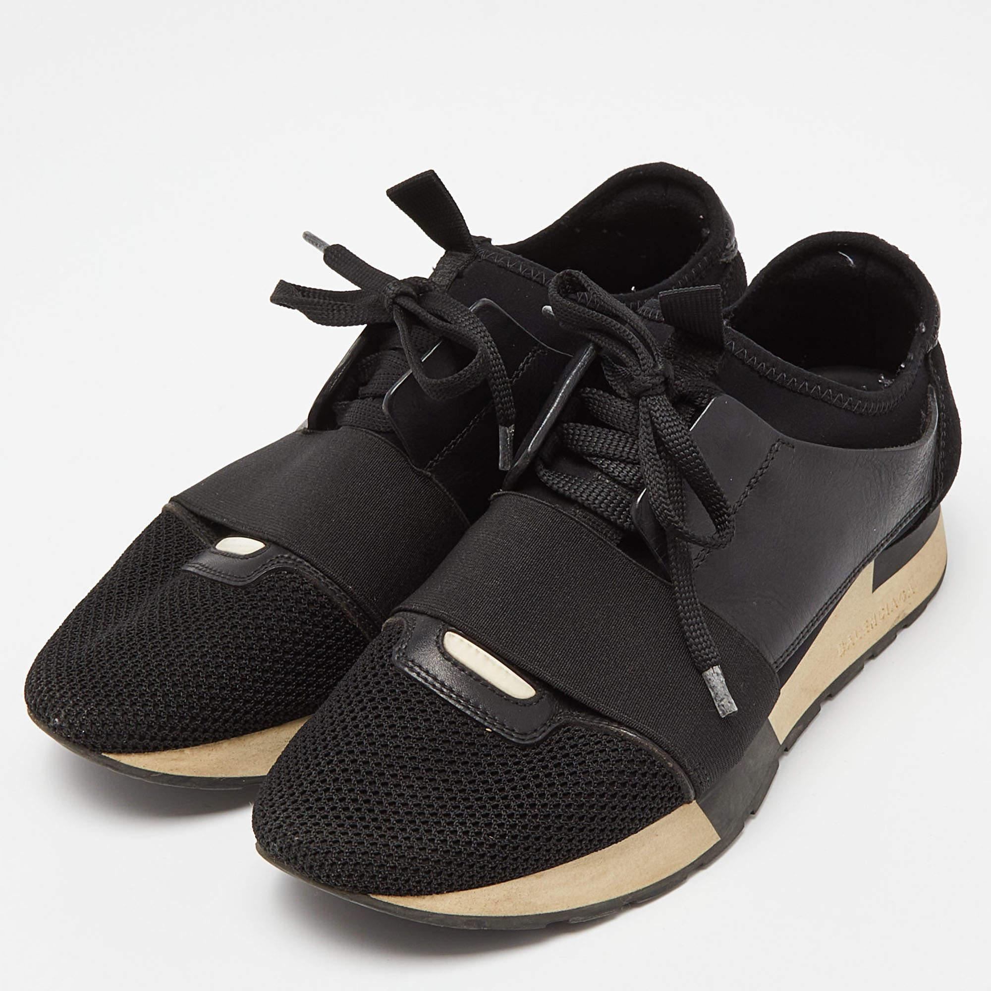 Balenciaga Black Leather, Mesh and Suede Race Runner Sneakers For Sale 1