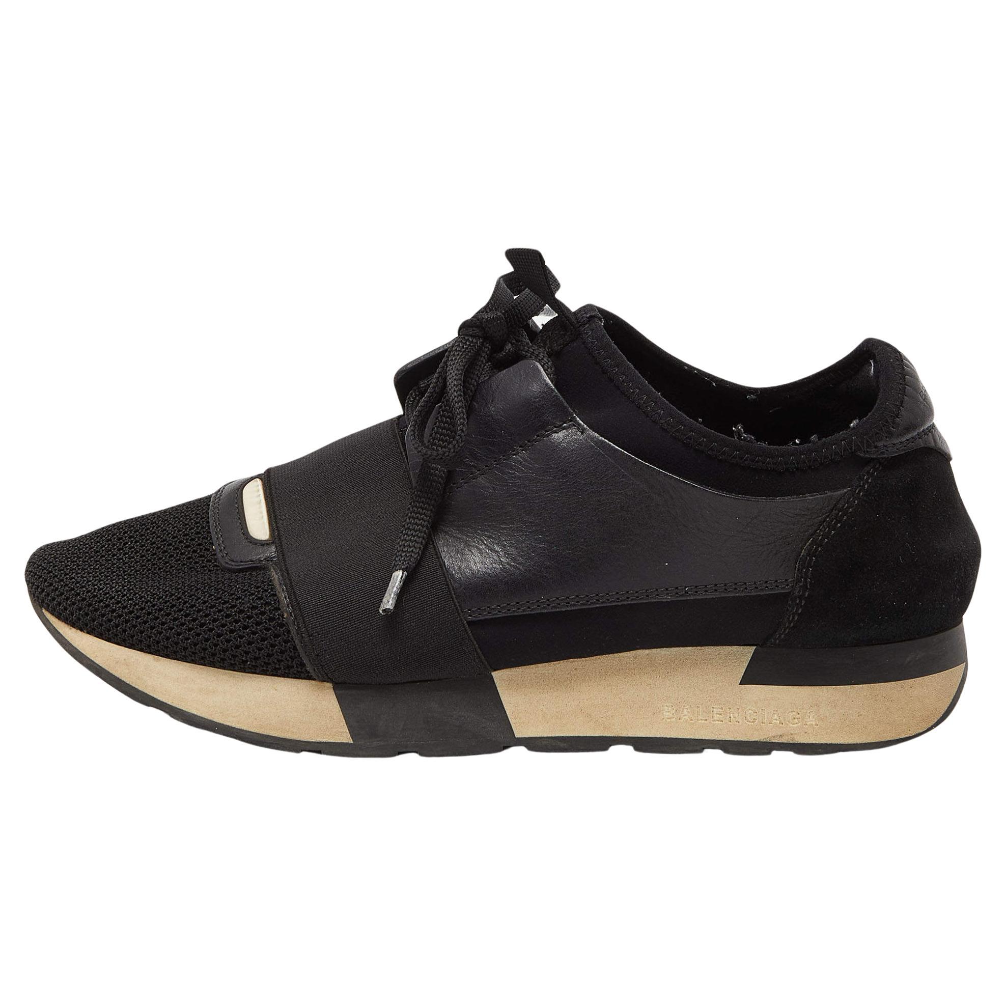 Balenciaga Black Leather, Mesh and Suede Race Runner Sneakers For Sale