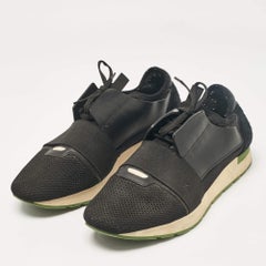 Balenciaga Black Leather Mesh Race Runner Lace Up Sneakers Size 44