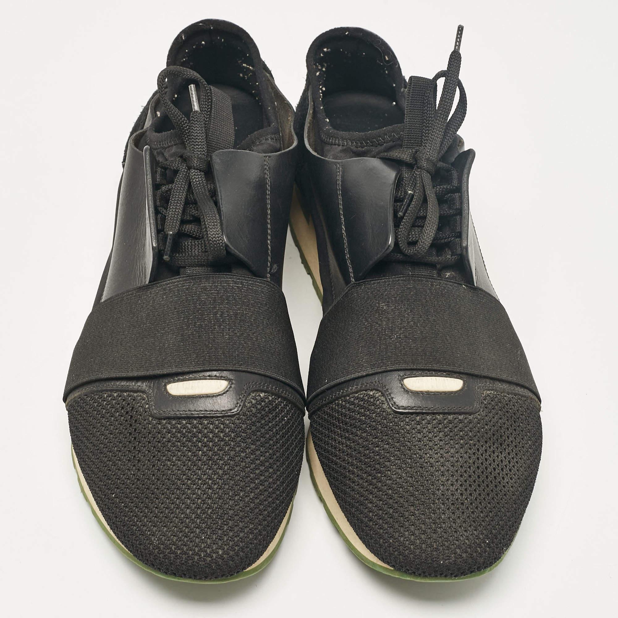 Balenciaga Black Leather Mesh Race Runner Lace Up Sneakers Size 44 In Fair Condition For Sale In Dubai, Al Qouz 2