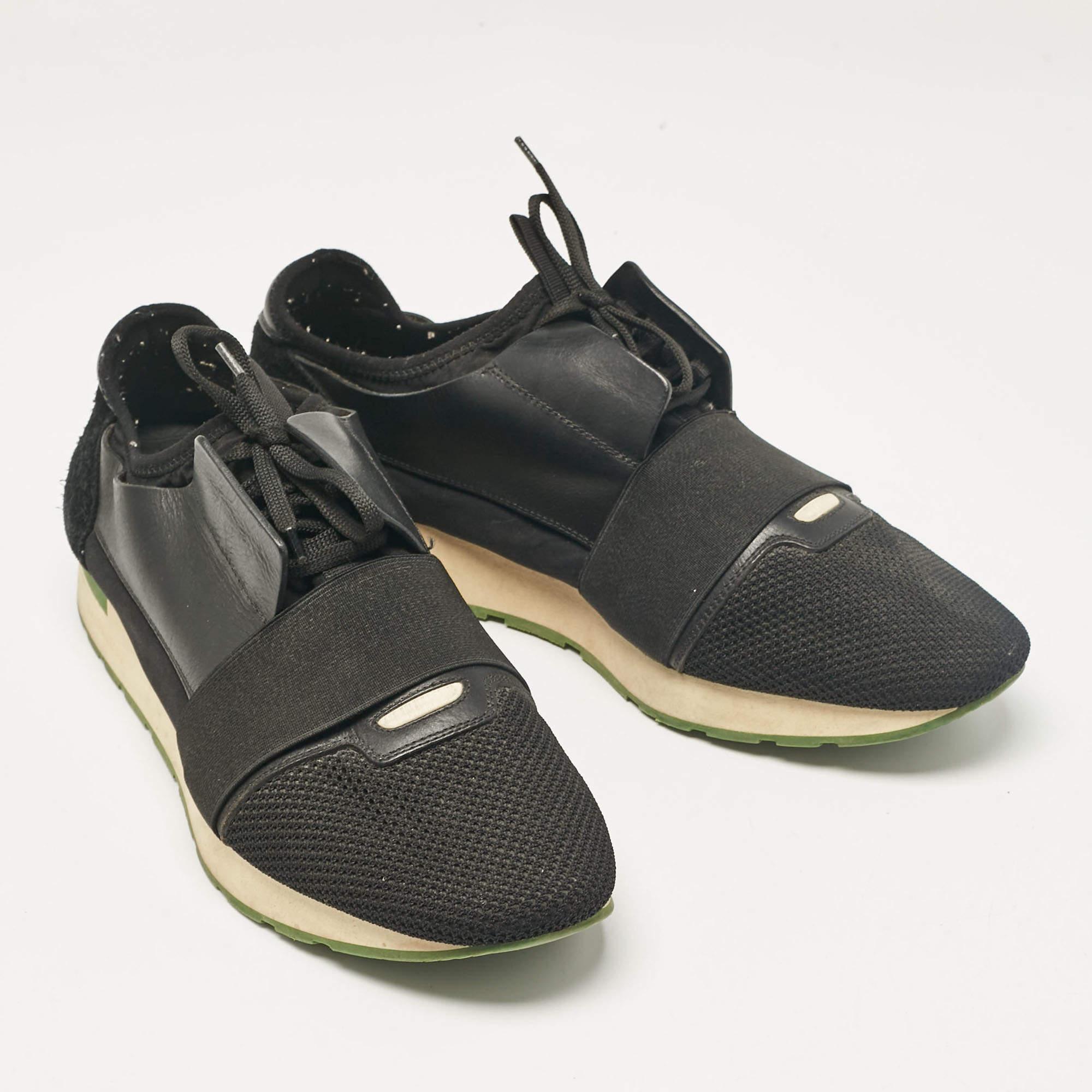 Men's Balenciaga Black Leather Mesh Race Runner Lace Up Sneakers Size 44 For Sale
