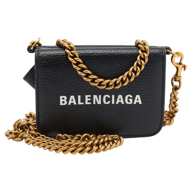 Balenciaga Black Leather Mini Logo Print Wallet on Chain For Sale at 1stDibs