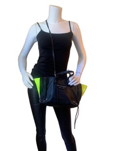Balenciaga Black Leather Mini Papier A4 Crossbody Tote Bag w/ Neon Accents