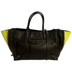 Balenciaga Black Leather Mini Papier A4 Crossbody Tote Bag w/ Neon Accents