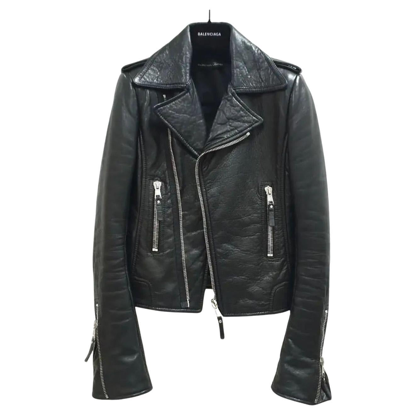 Balenciaga Black Leather Moto Jacket For Sale