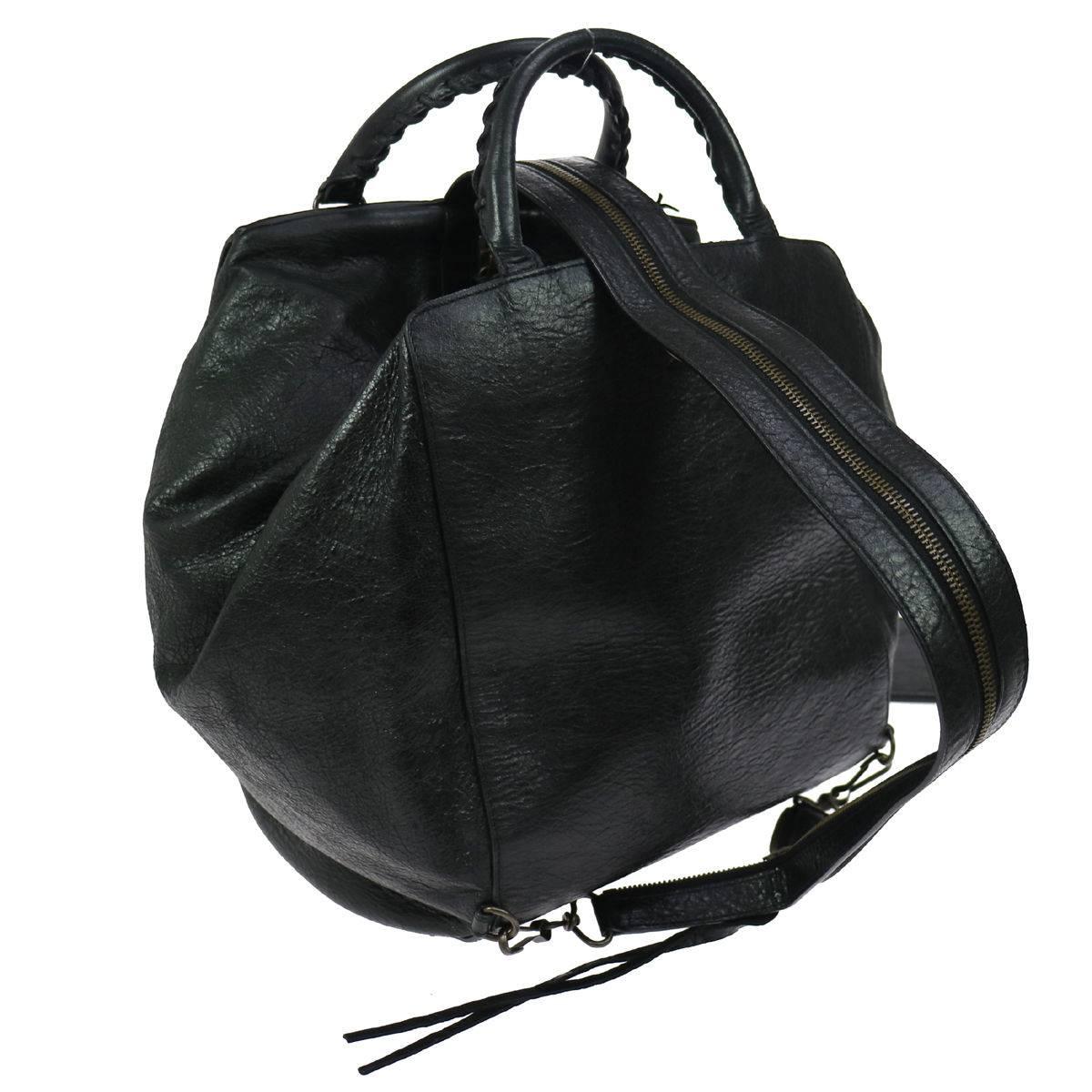 Balenciaga Black Leather Moto Unisex Top Handle Satchel Shoulder Backpack Bag 3