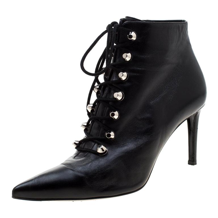 Balenciaga Black Leather Pointed Toe Lace Up Ankle Boots Size 40