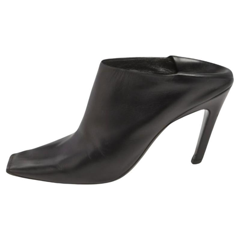 Balenciaga Black Leather Quadro Square Toe Foldable Heel Mules Size 37