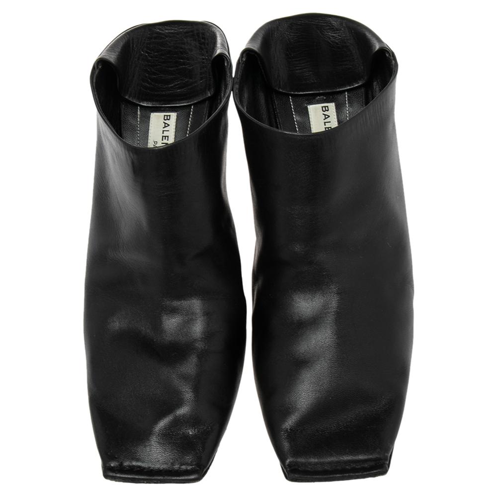 Balenciaga Black Leather Quadro Square Toe Foldable Heel Mules Size 38 1