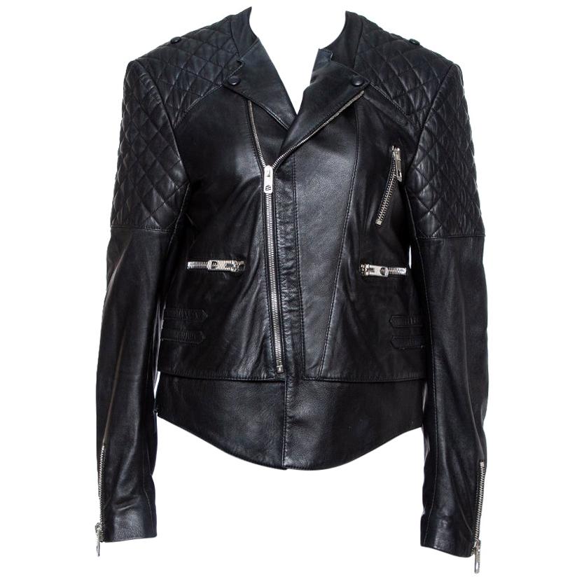 Balenciaga Black Leather Quilted Detail Biker Jacket L