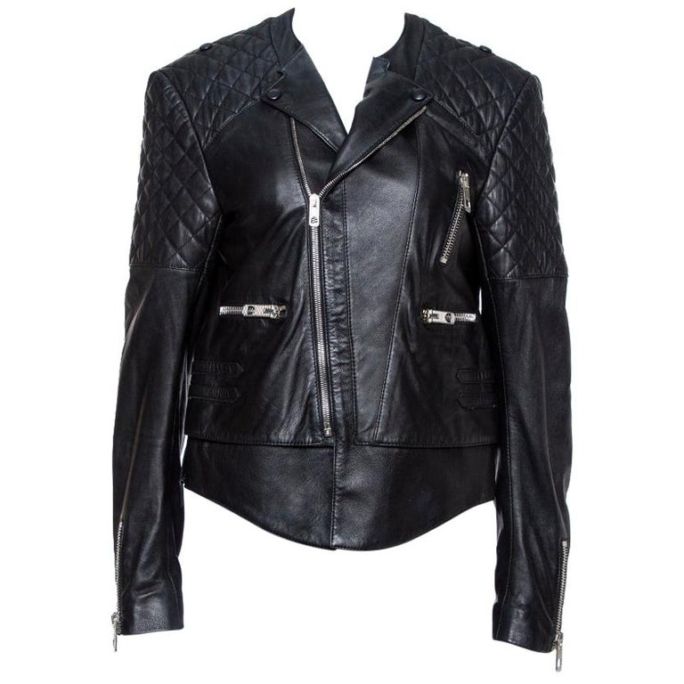 Balenciaga Black Leather Quilted Detail Biker Jacket L at 1stDibs