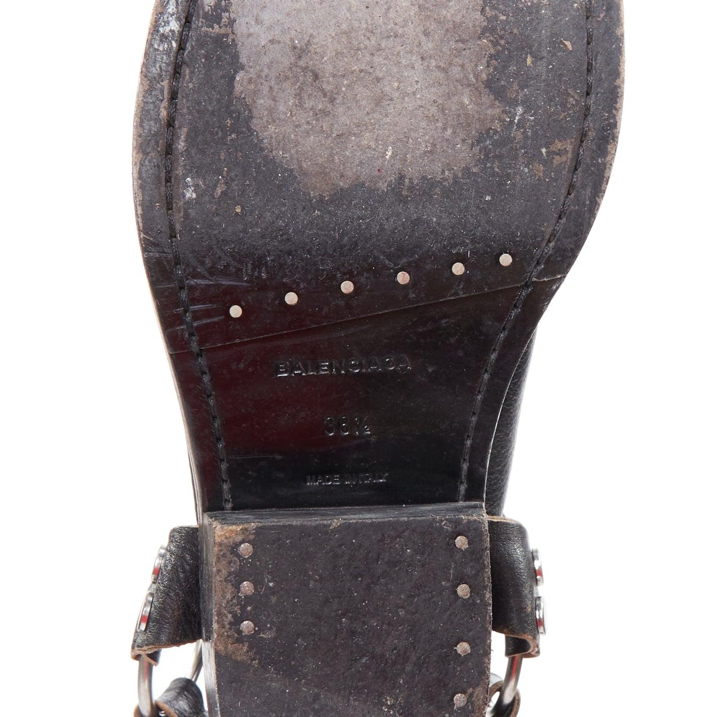 BALENCIAGA black leather silver buckle distressed cuban mules EU38.5 6