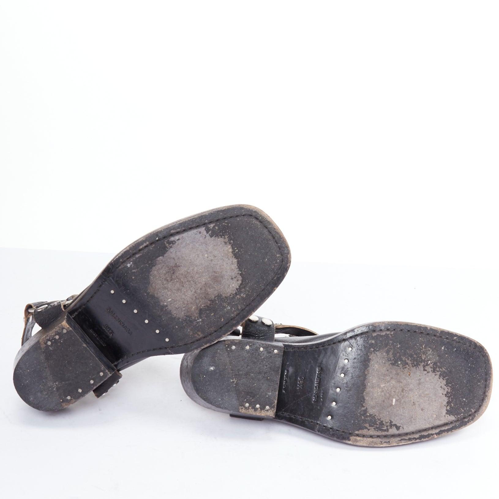 BALENCIAGA black leather silver buckle distressed cuban mules EU38.5 7